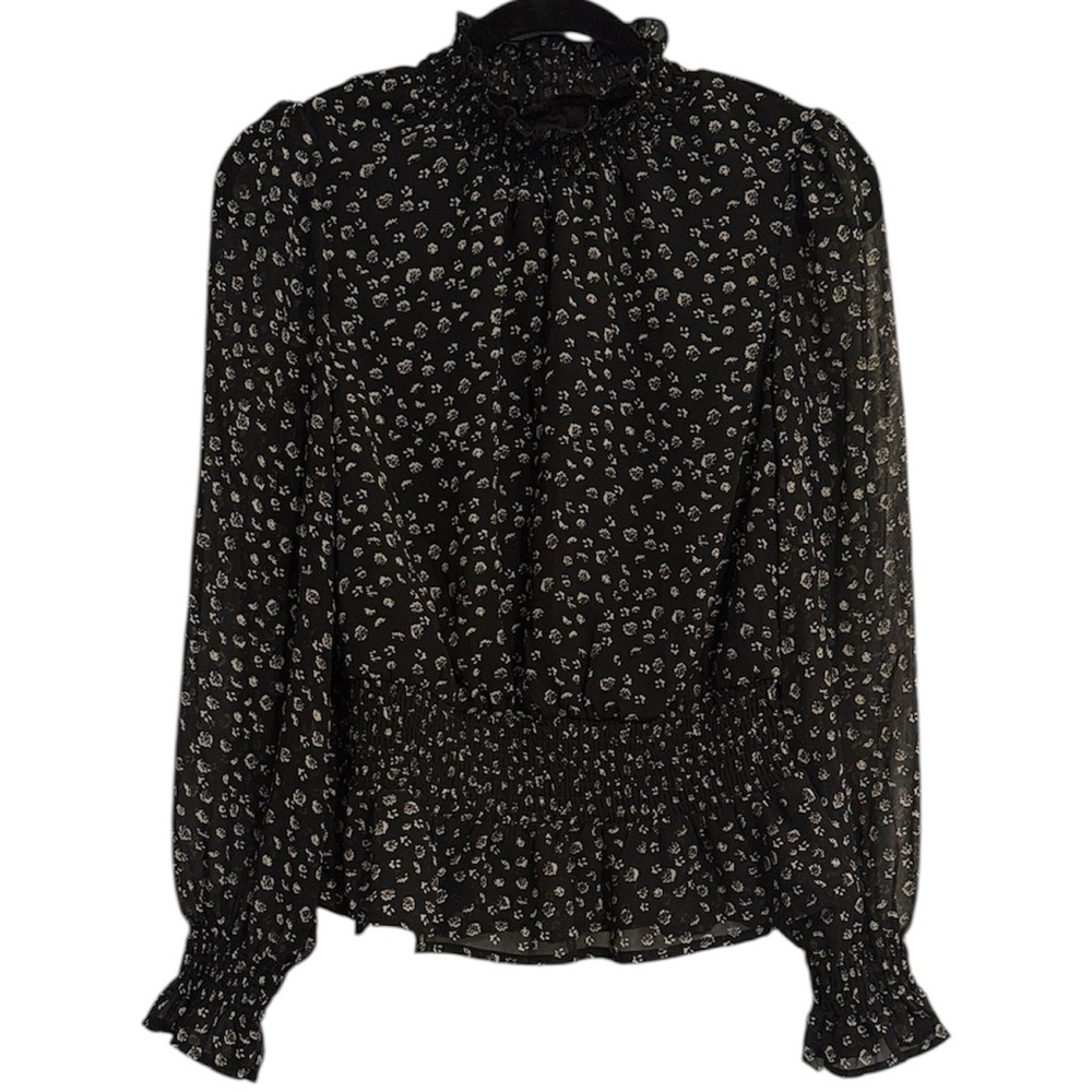🖤 Japna Black and White Floral Blouse with Smocked Neckline, Waist, and Cuffs